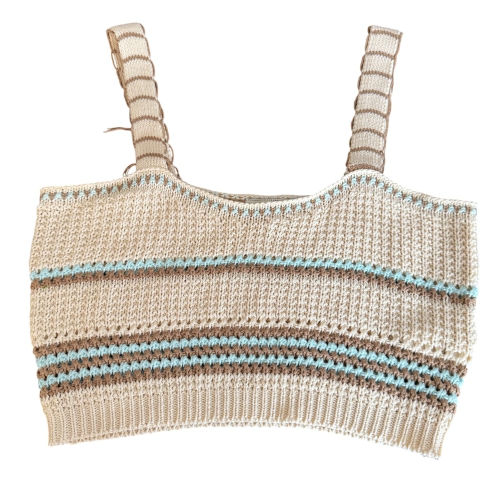 Knit Cropped Tank Striped S Boho Festival Summer Sheer Beach Clean Girl Beige